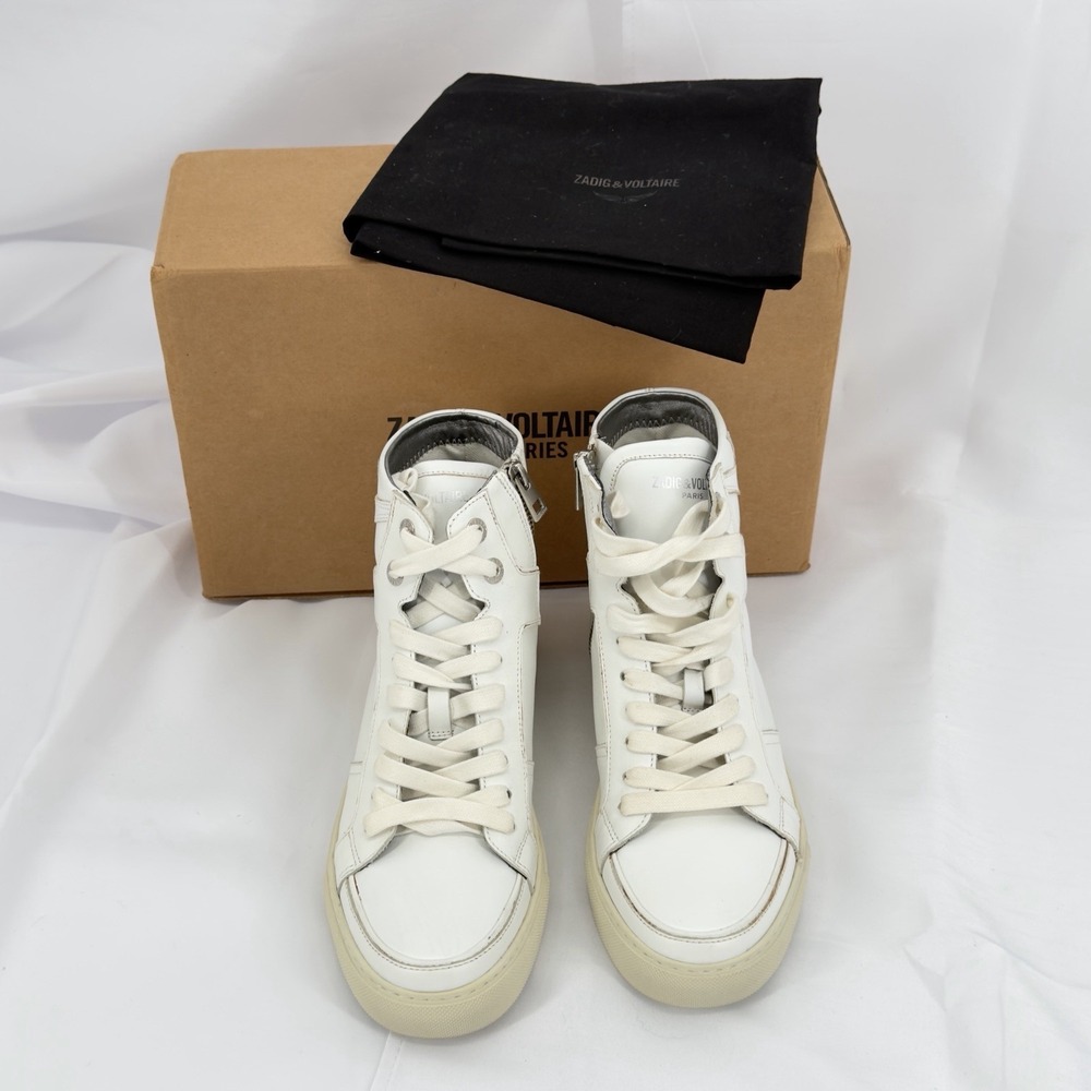 Zadig & Voltaire Cream and Silver Metallic-Trim High-Top Sneakers